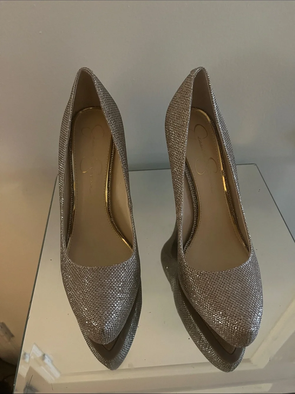 Jessica Simpson Glittery Silver Pointed-Toe Stiletto Heels
